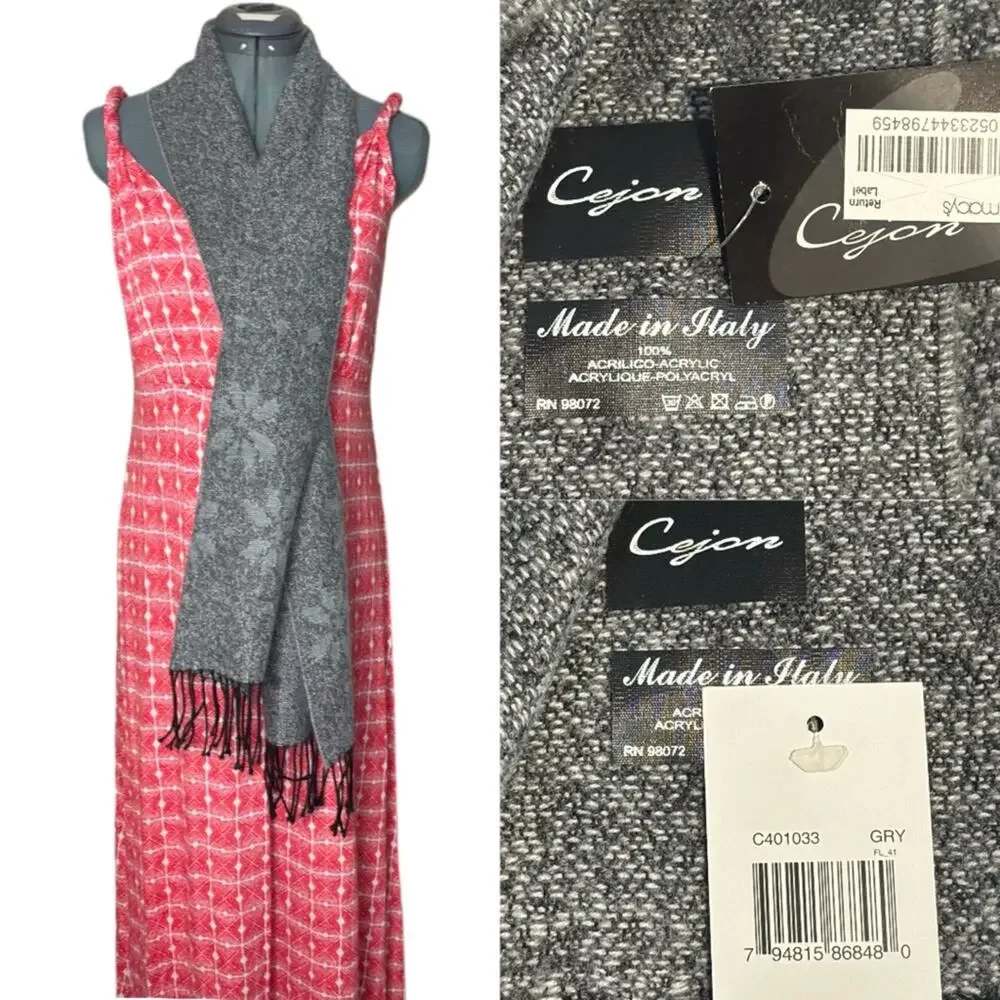 NWT Cejon Women's Gray Scarf Snowflake Pattern Heather Gray w/ fringe wrap scarf